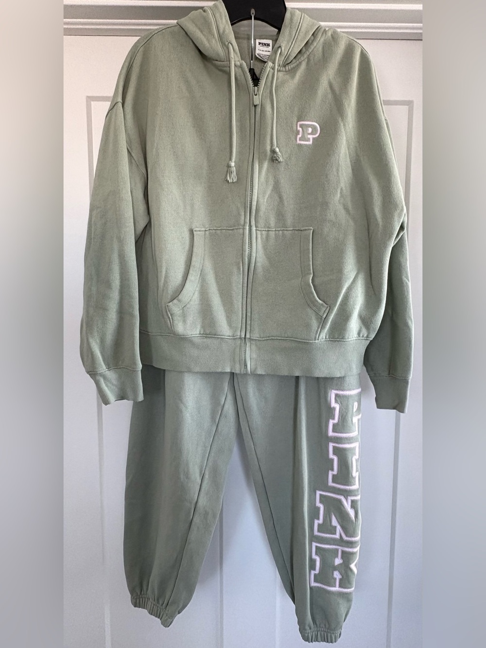 Victoria’s Secret PINK Size Small Logo Fleece Sweatpants & Zip Hoodie Set Green